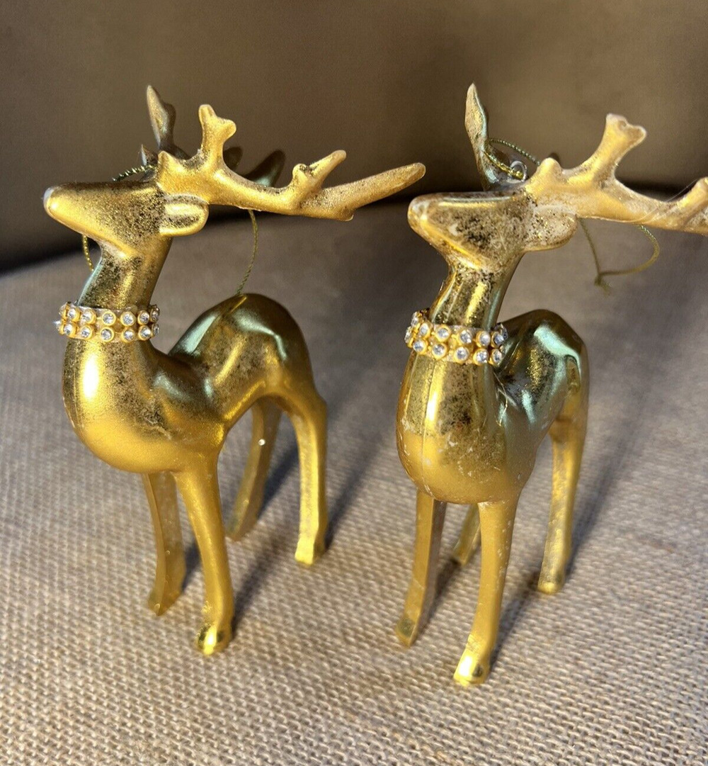 (2) Distressed Gold Reindeer w/ Rhinestone Collars Hanging Christmas Ornaments